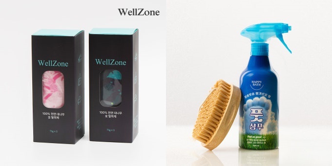웰존 대나무숯 탈취제(왼쪽)와 해피바스 필쏘굿 품샴푸 제품 사진. 각사 제공