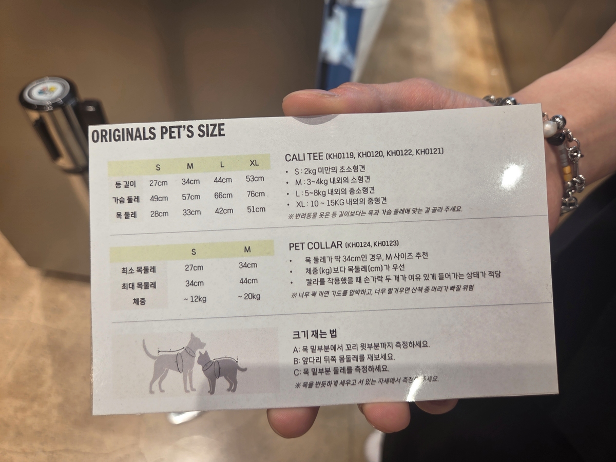 반려동물 고객을 위한 펫 의류 사이즈 알람표. 박재림 기자