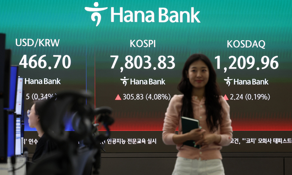 코스피가 전 거래일(7498.00)보다 277.31포인트(3.70%) 상승한 7775.31에 개장한 11일 오전 서울 중구 하나은행 딜링룸 전광판에 지수가 표시되고 있다. 뉴시스