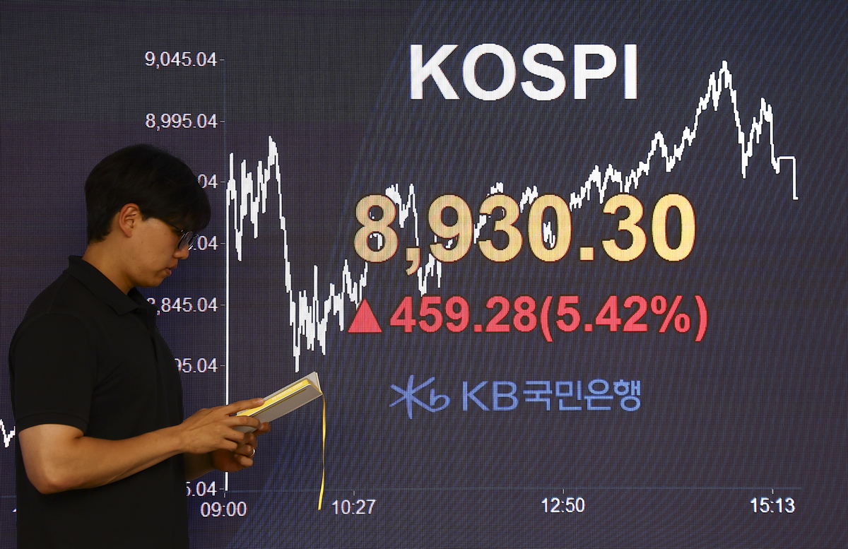 코스피가 전 거래일(8471.02)보다 459.28포인트(5.42%) 오른 8930.30에 마감한 25일 오후 서울 여의도 국민은행 본점 딜링룸 전광판에 지수가 나오고 있다. 코스닥 지수는 전 거래일(909.31)보다 21.50포인트(2.36%) 하락한 887.81에 거래를 마쳤다.&nbsp;뉴시스