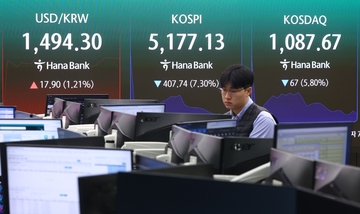 코스피가 전 거래일보다 5.72% 하락한 5265.37에 개장한 9일 오전 서울 중구 하나은행 딜링룸에 지수가 표시돼 있다. 뉴시스