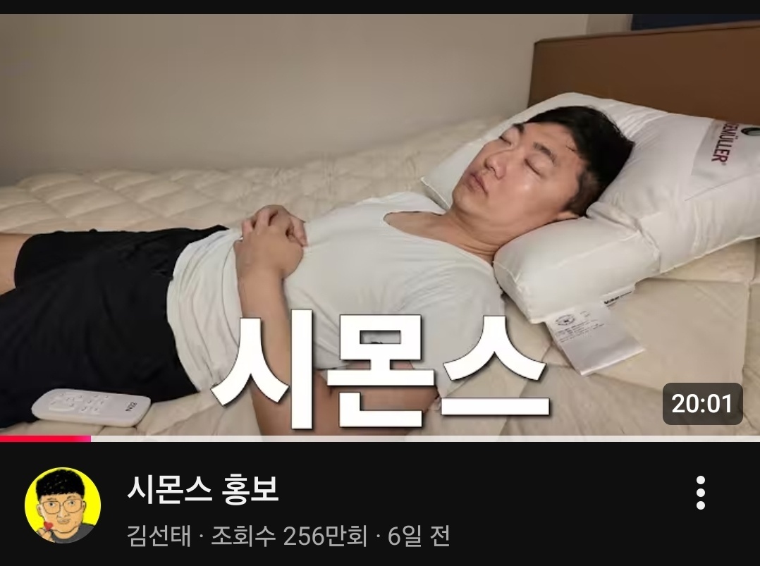 시몬스의 비건 매트리스 브랜드 N32의 모션베드 및 폼 매트리스를 광고한 유튜브 김선태 채널 갈무리.