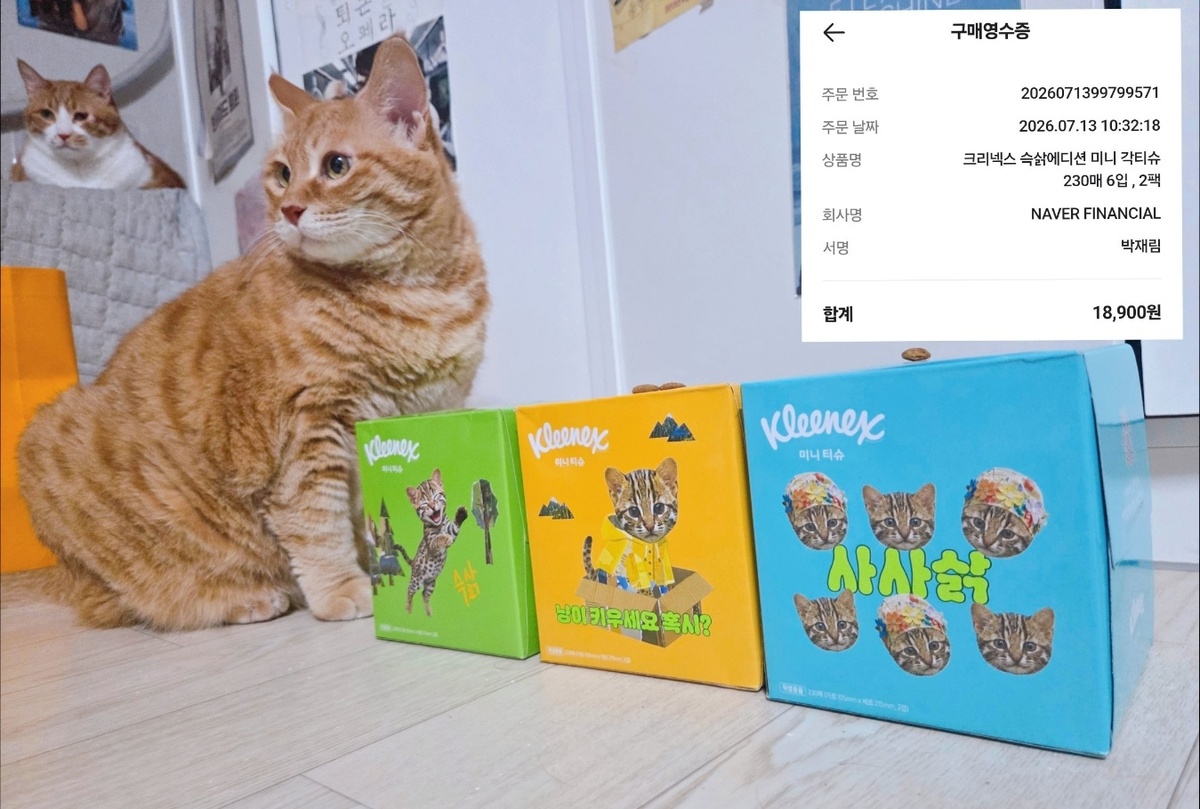 크리넥스 미니 티슈&nbsp;‘슥삵 에디션’ 제품과 구매 영수증. 박재림 기자