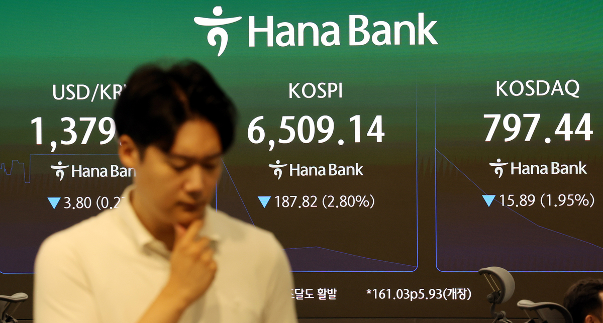 코스피가 전 거래일보다 2.40% 내린 6535.93에 장을 시작한 25일 오전 서울 중구 하나은행 본점 딜링룸에 지수가 표시돼 있다. 뉴시스 제공