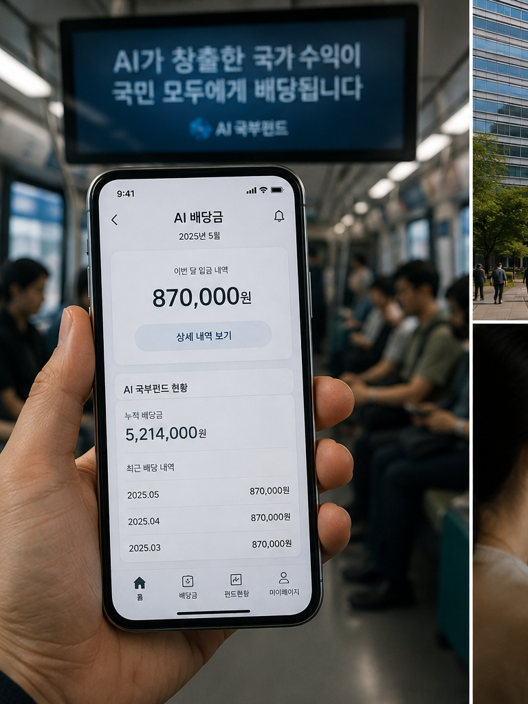 2035년 시민의 스마트폰에 국가 AI 국부펀드의 운용 수익을 재원으로 한 월 87만원의 ‘AI 배당금’이 입금된 모습. 사진=AI 생성 이미지