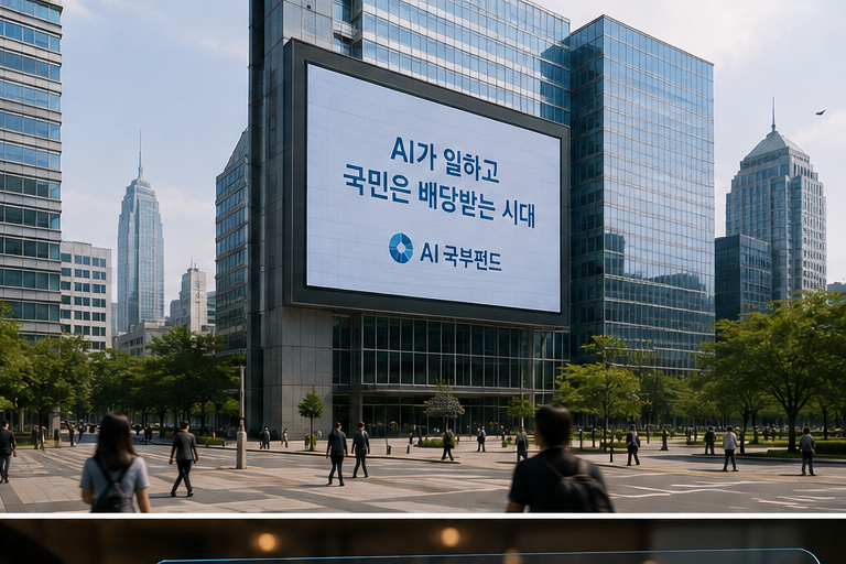 AI가 창출한 부를 국부펀드에 축적하고 운용 수익을 국민에게 배당하는 미래의 분배 시스템을 그렸다. 서울 도심에서 AI 국부펀드 정책을 알리는 미래 모습이다. 사진=AI 생성 이미지
