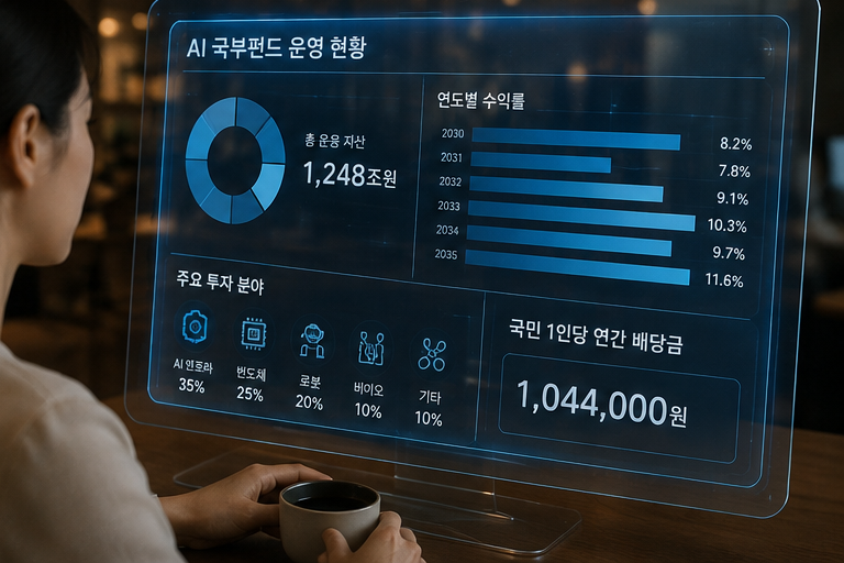 2035년 가상의 AI 국부펀드 운용 현황을 표현한 이미지. AI·반도체·로봇 등 첨단산업에 투자한 국부펀드의 자산과 투자 수익을 국민에게 배당하는 상황을 가정했다. 사진=AI 생성 이미지